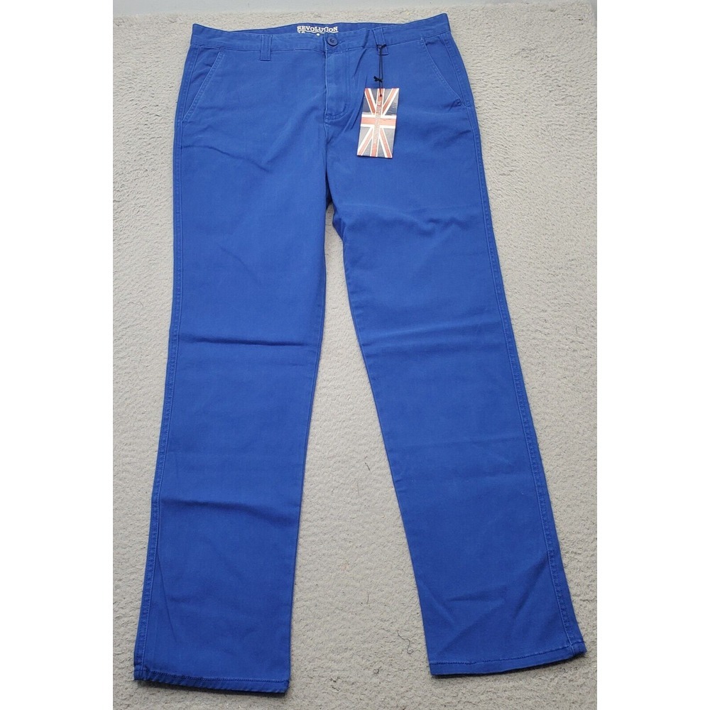 Revolution Chino Pants Men Size 34 Blue Solid Straight Fit Mid Rise Slash Pocket